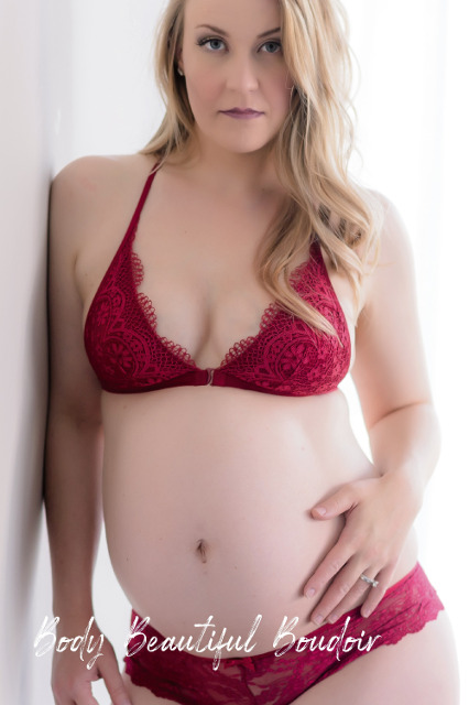 Expecting mother in red bra & panties